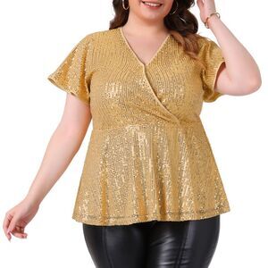 Plus Size Sequin V Neck Faux Wrap Metallic Peplum Party Blouses Gold